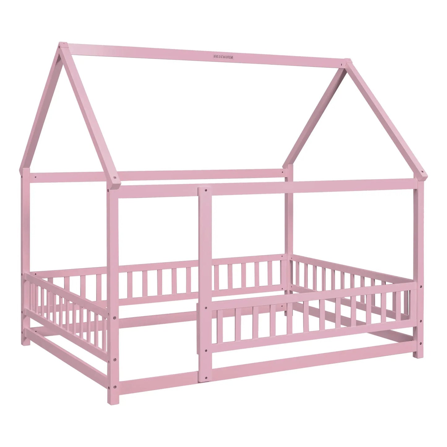 Cama de Madera Tamaño Completo con Estructura de Techo de Casa, Barandillas de Valla, Rosa