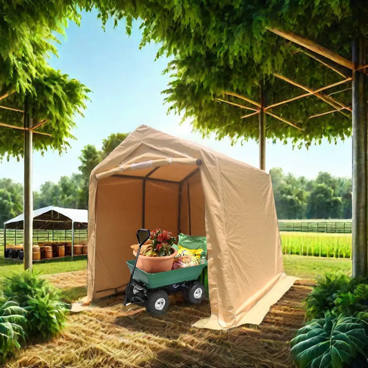 Beige 7x12ft portable gazebo shelter with roll-up doors in a garden, with a wheeled wagon of plants on Tampa Home & Garden Store