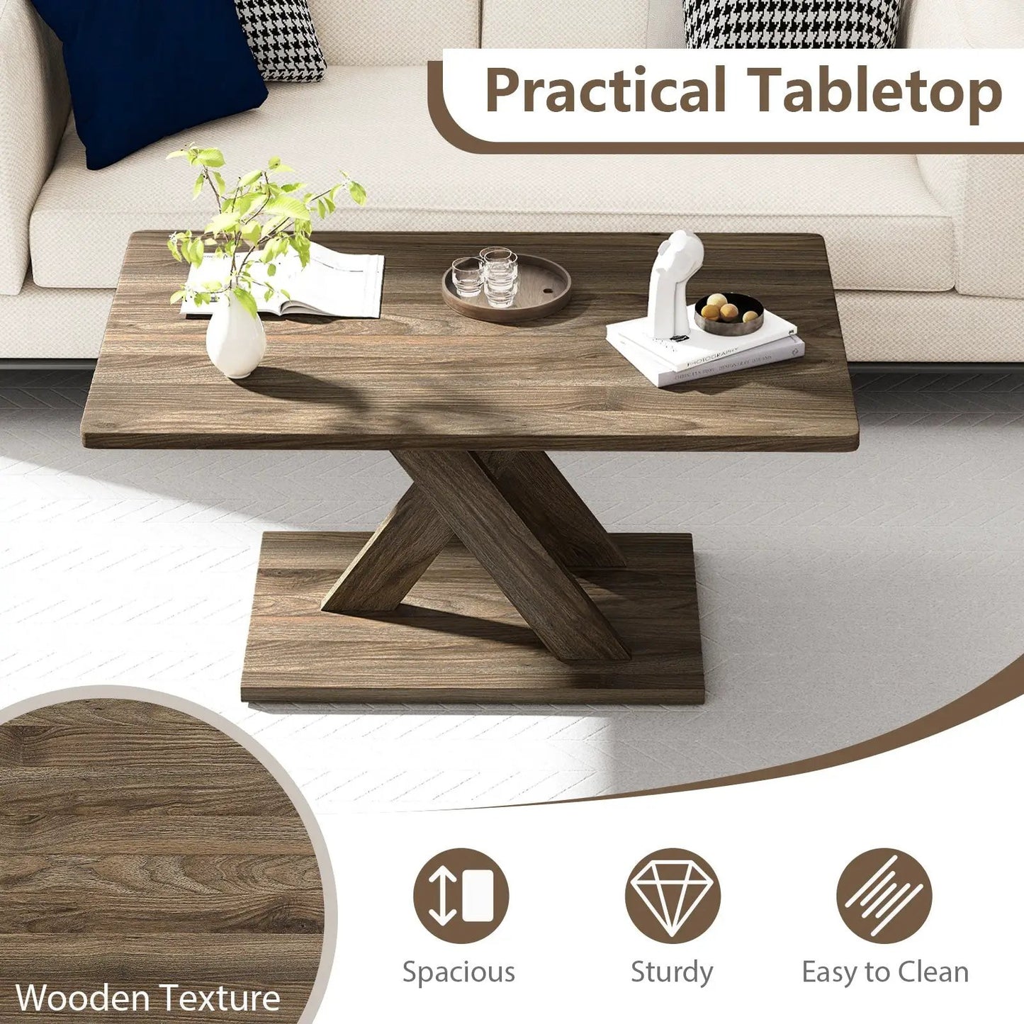 Rectangular coffee table with rubber wood base in warm brown finish by DirectDeals on Tampa Home & Garden Store