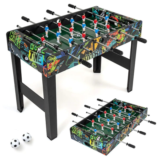 37 Inch mini foosball table 2-in-1 game table with graffiti panels and detachable legs, two tables shown with soccer balls on Tampa Home & Garden Store