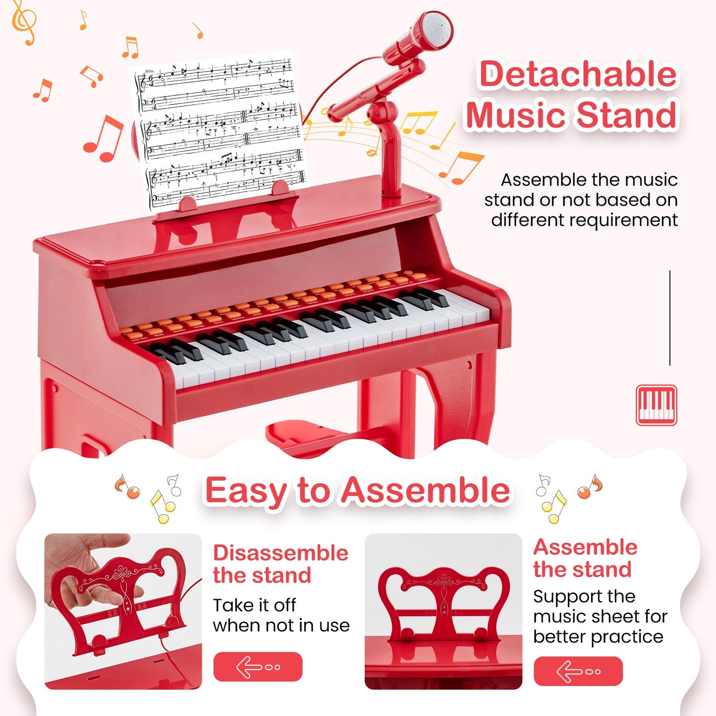 37 Keys Kids Piano with Microphone and Detachable Stand, red plastic toy keyboard on Tampa Home & Garden Store