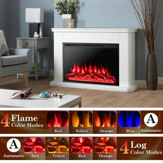 34/37 inch electric recessed fireplace with white mantel and glowing flames, 4 flame color modes on Tampa Home & Garden Store