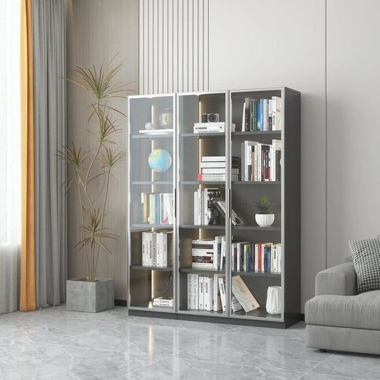 Grey metal storage display cabinet with glass doors and adjustable shelves, two units on Tampa Home & Garden Store
