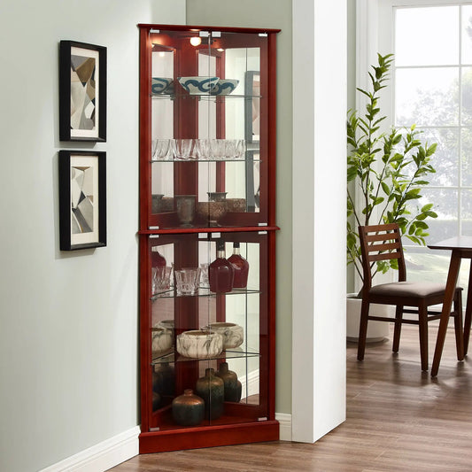 Corner curio cabinet with lights and mirrored back, red wood finish with glass shelves on Tampa Home & Garden Store