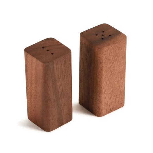 Kalmar Home acacia wood salt and pepper shaker set, two square-block shakers on Tampa Home & Garden Store