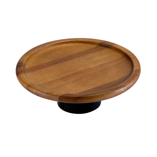 Kalmar Home acacia wood round cake stand with black pedestal base on Tampa Home & Garden Store