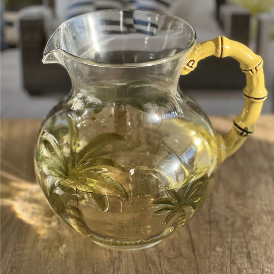 Clear glass pitcher with palm tree etched design and yellow handle spout 3 qt on Tampa Home & Garden Store
