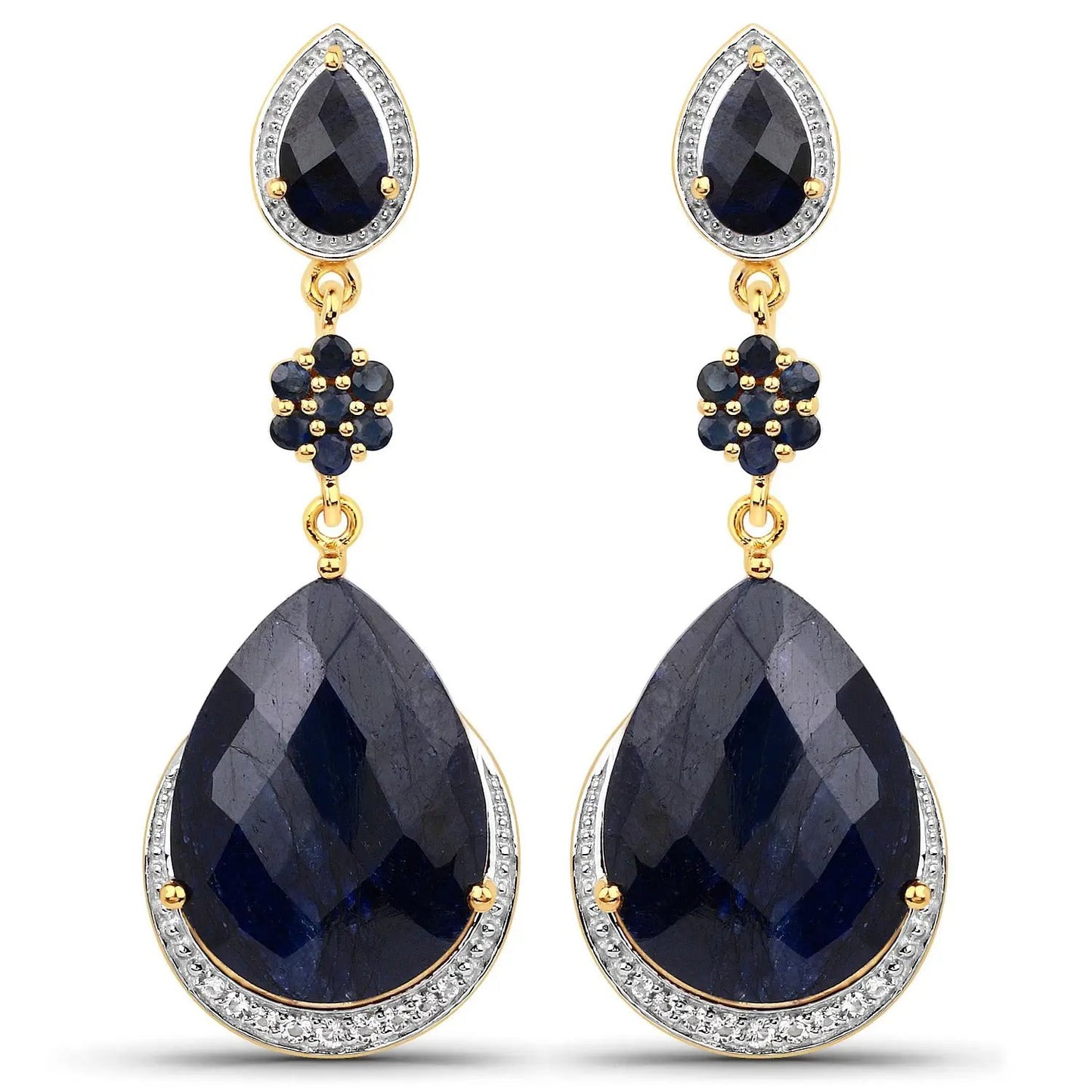 Earrings: gold-tone drop with dark blue pear sapphires, pave halo, blue sapphire flower cluster on Tampa Home & Garden Store