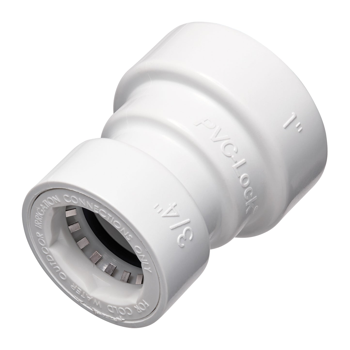 White PVC Lock reducing coupling 1 in x 3/4 in Orbit Irrigation plastic fitting on Tampa Home & Garden Store