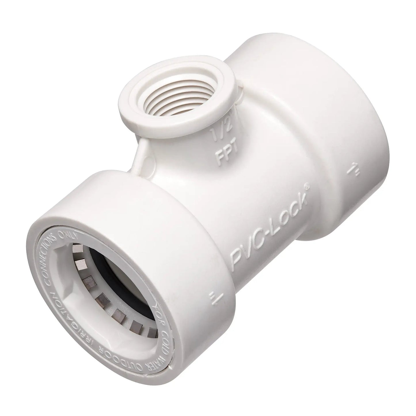 1in PVC Lock to 1/2in FPT Tee Orbit Irrigation white plastic pipe connector on Tampa Home & Garden Store