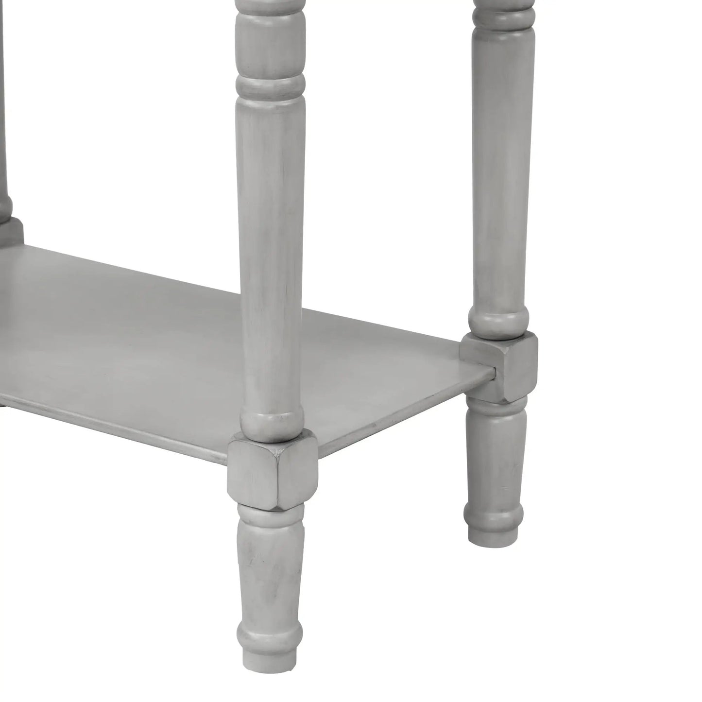 Narrow console desk with turned legs in silver finish and lower shelf on Tampa Home & Garden Store
