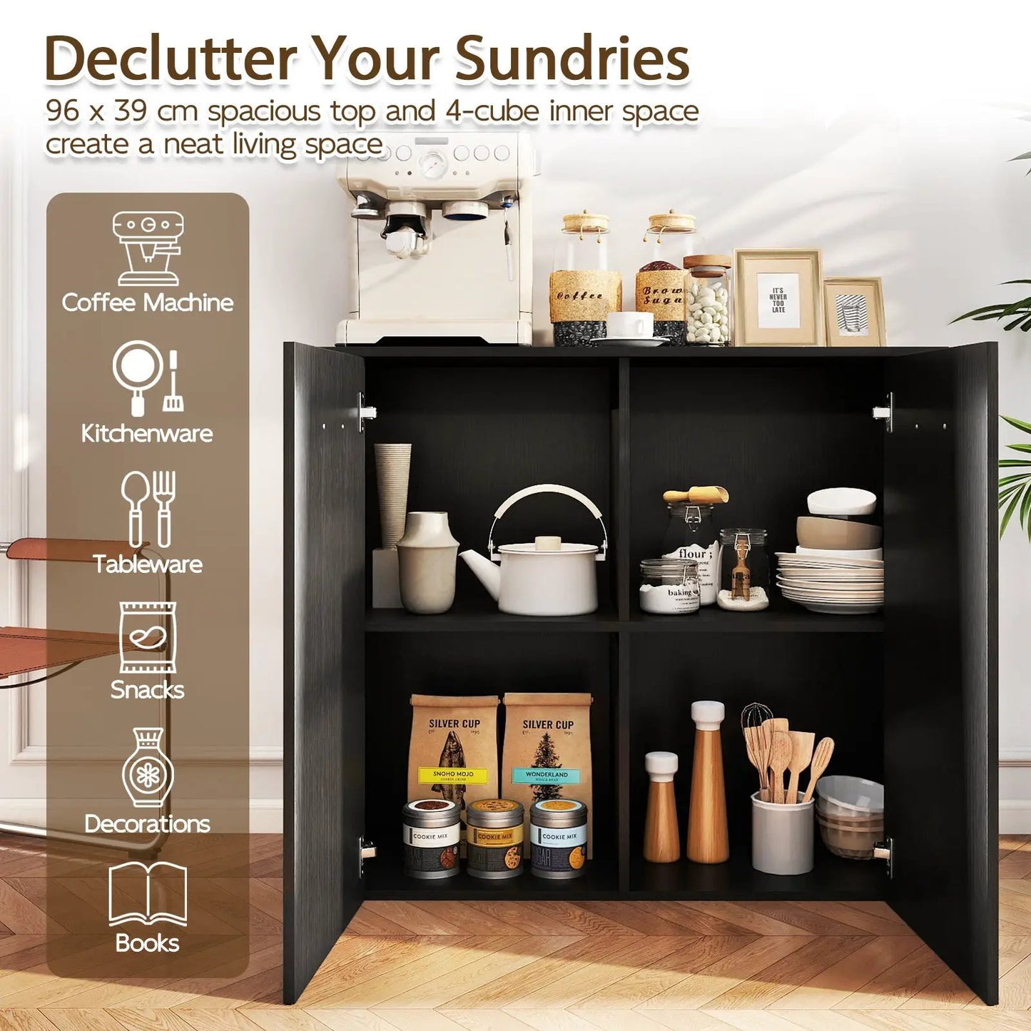 38-inch black buffet sideboard cabinet with storage by DirectDeals display kitchenware and jars on Tampa Home & Garden Store