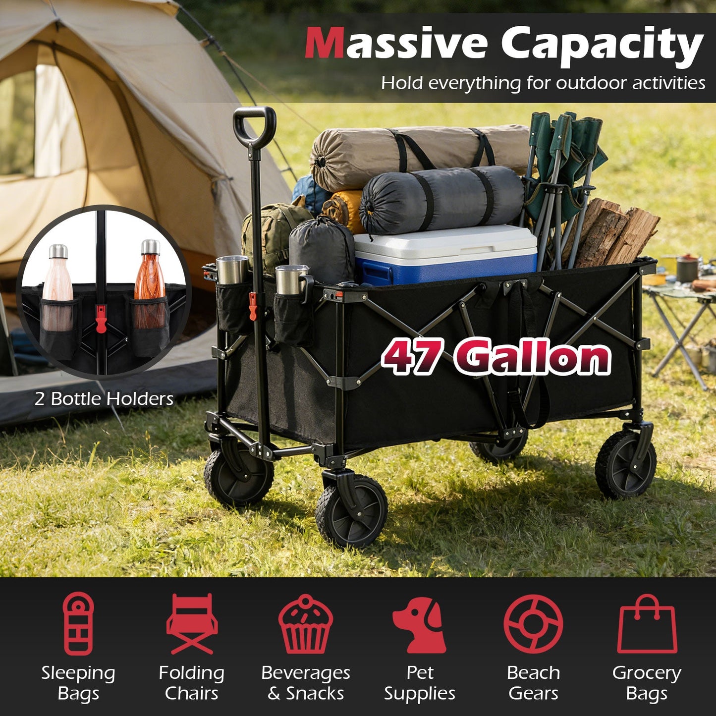 DirectDeals heavy-duty collapsible wagon cart 400 lb capacity, black with 2 bottle holders on Tampa Home & Garden Store