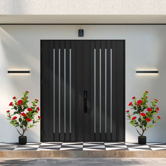 Two 38-inch artificial camellia trees in black pots flank a modern door with red blooms on Tampa Home & Garden Store