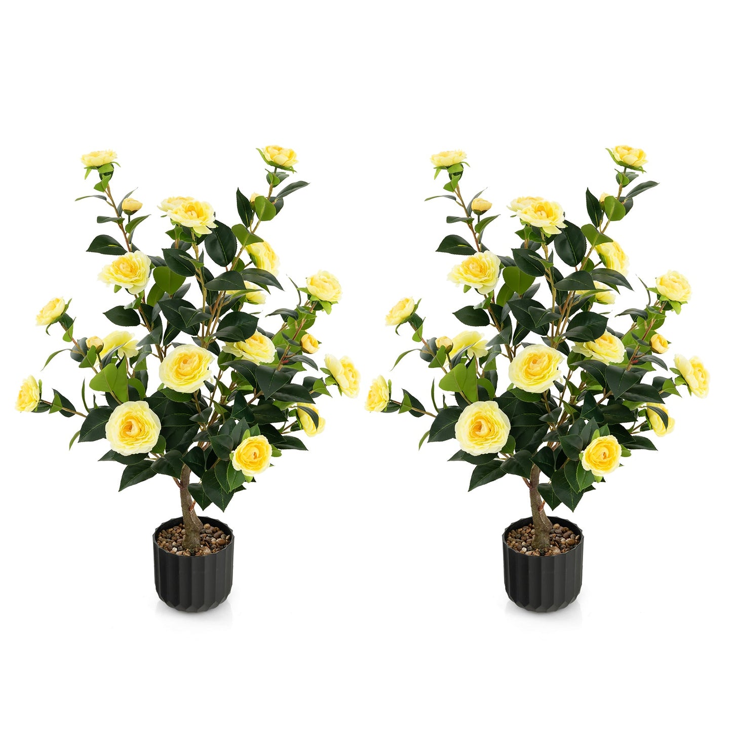 38 Inch Artificial Camellia Tree Faux Flower Plant in Cement Pot 2 Pack-Red
