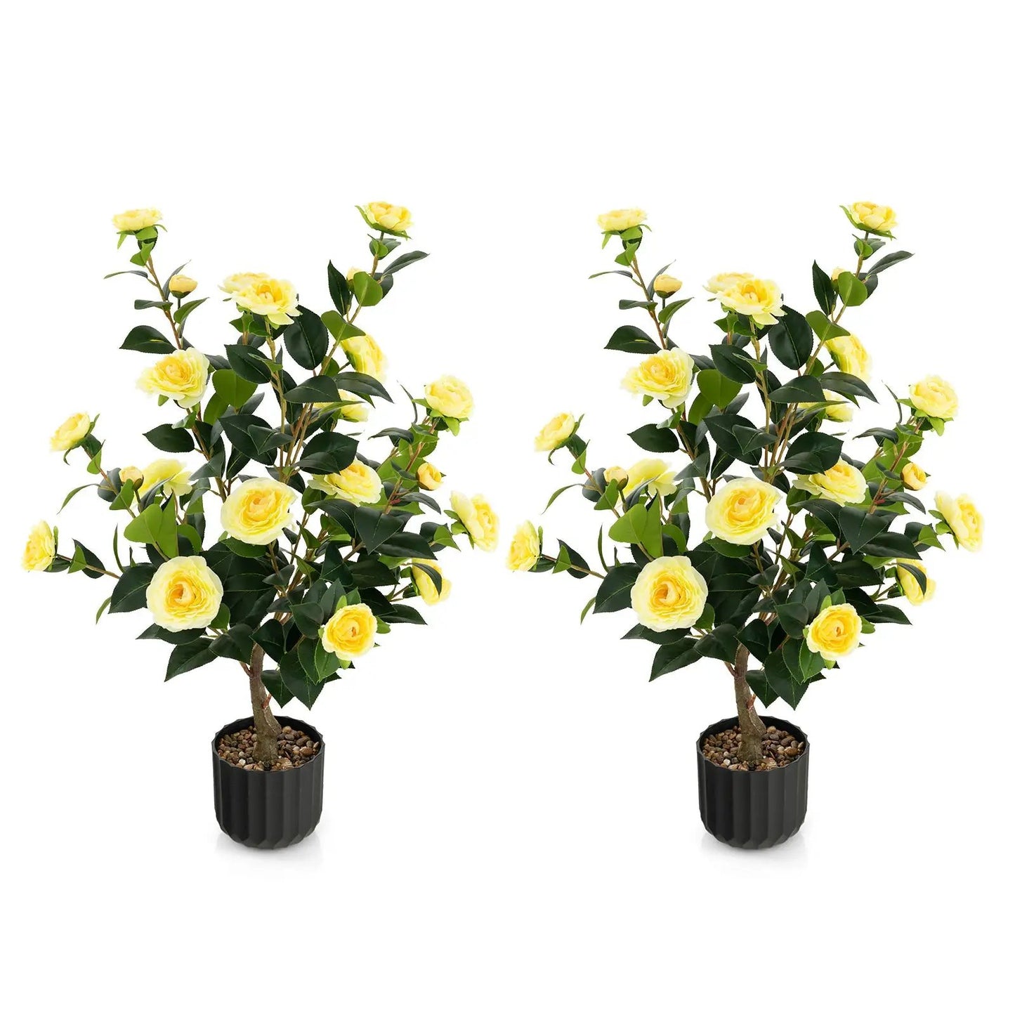 Camellia Tree Set 38-Inch Artificial, Yellow Camellia, 2-Pack by DirectDeals in black pots on Tampa Home & Garden Store