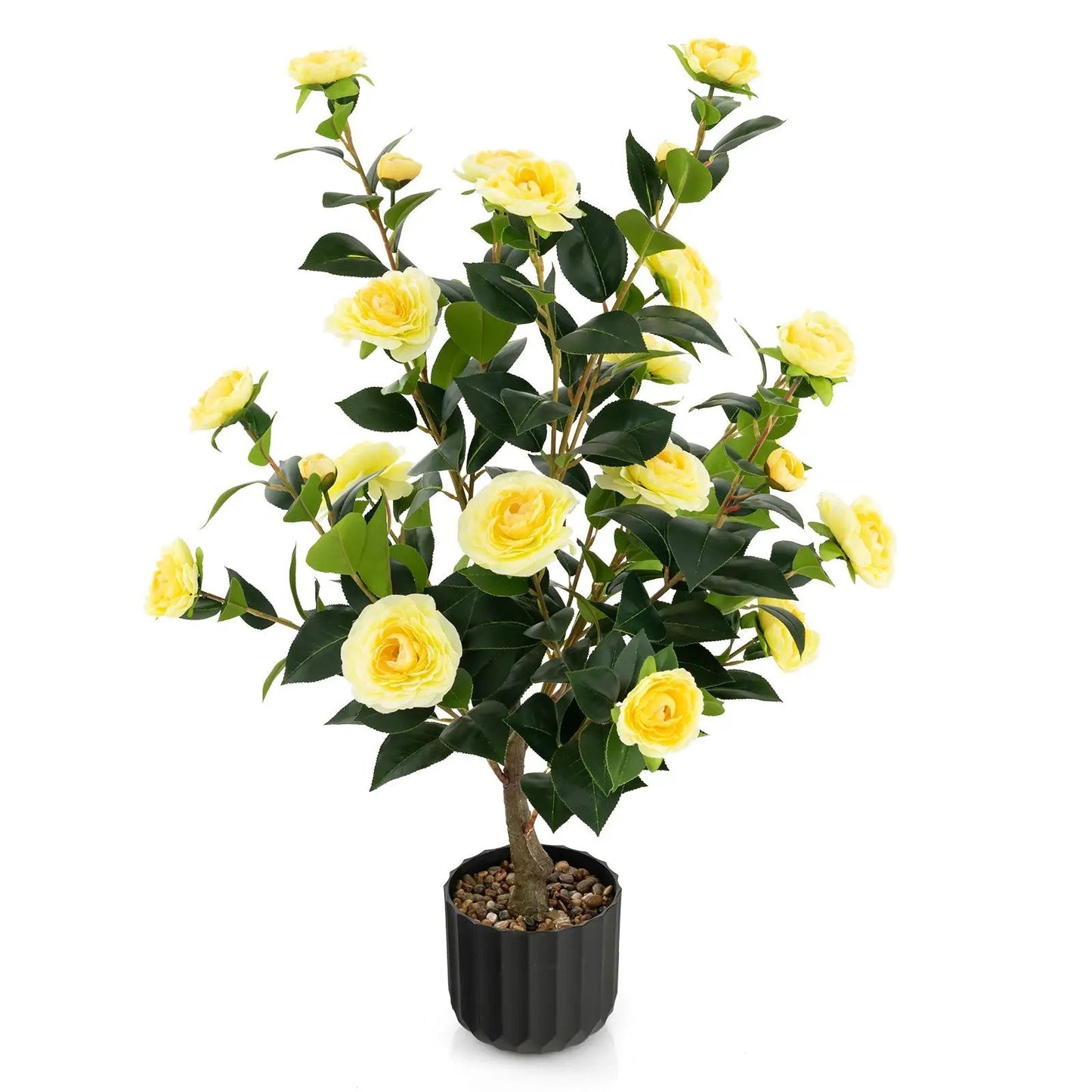 Artificial camellia tree with yellow blooms in a black pot on Tampa Home & Garden Store
