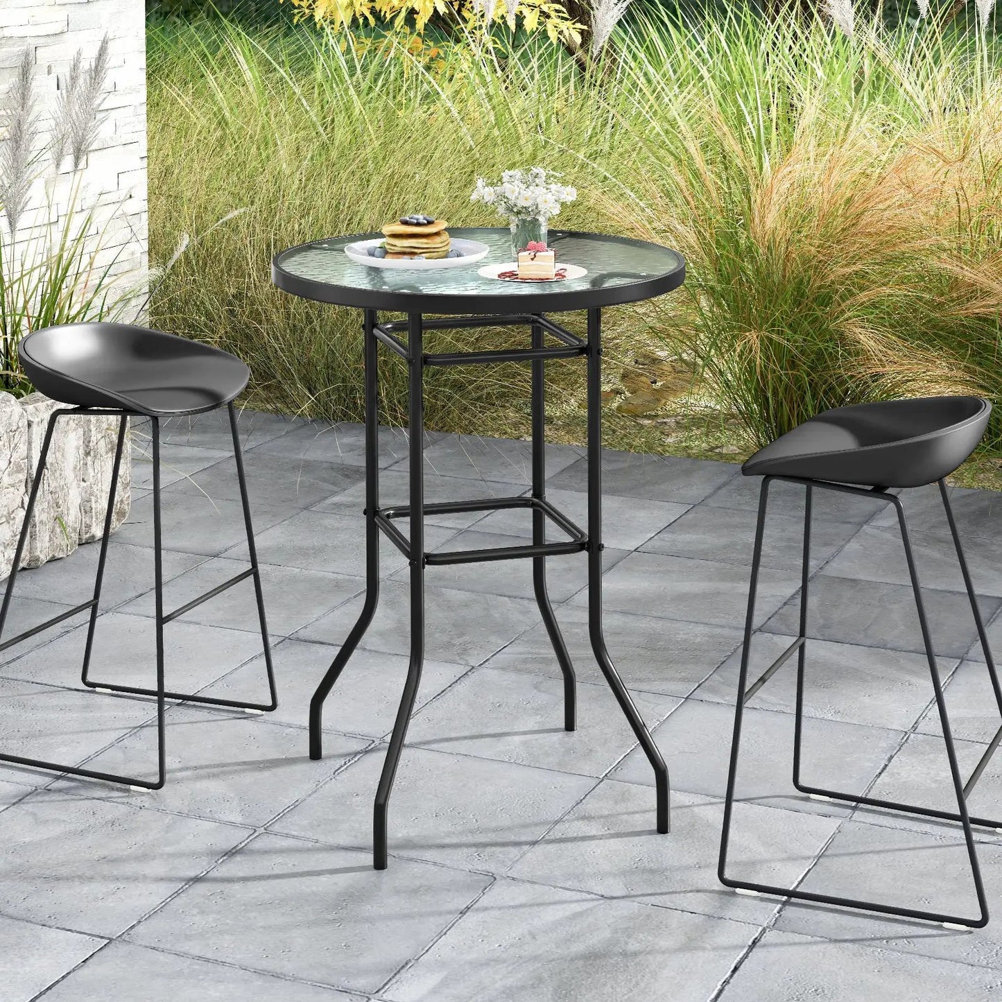 38 Inch Patio Bar Table With Tempered Glass round top, black metal frame, two outdoor bar stools on Tampa Home & Garden Store