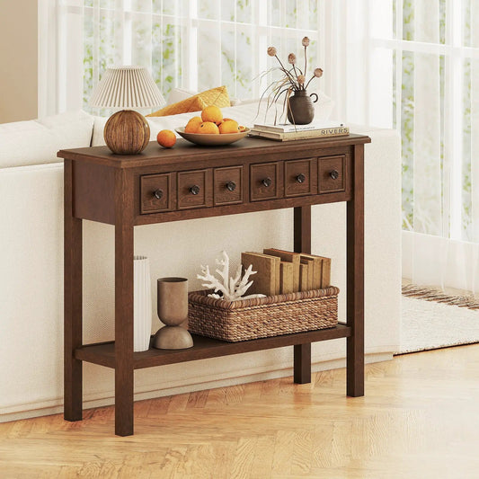 Rustic espresso console table with 2 drawers and lower open shelf on Tampa Home & Garden Store