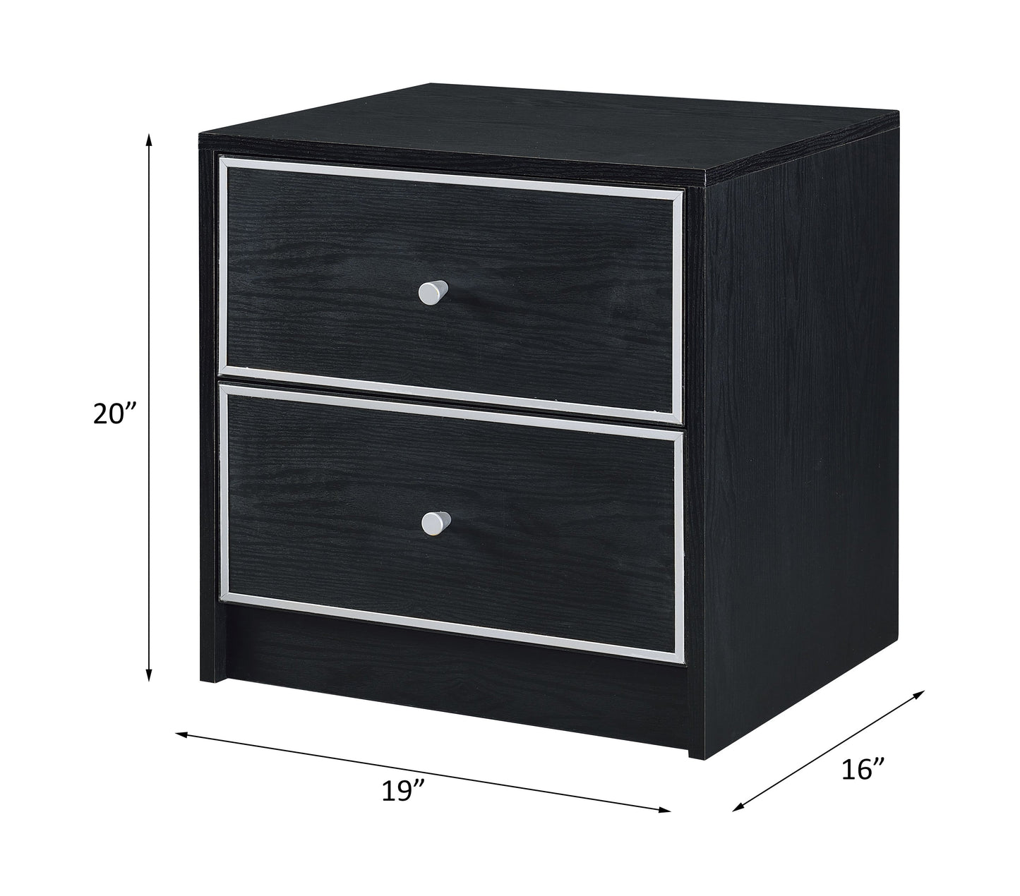 Modern Black Nightstand Table by HouseOfZazla, 3-drawer black wood with silver trim and knobs on Tampa Home & Garden Store