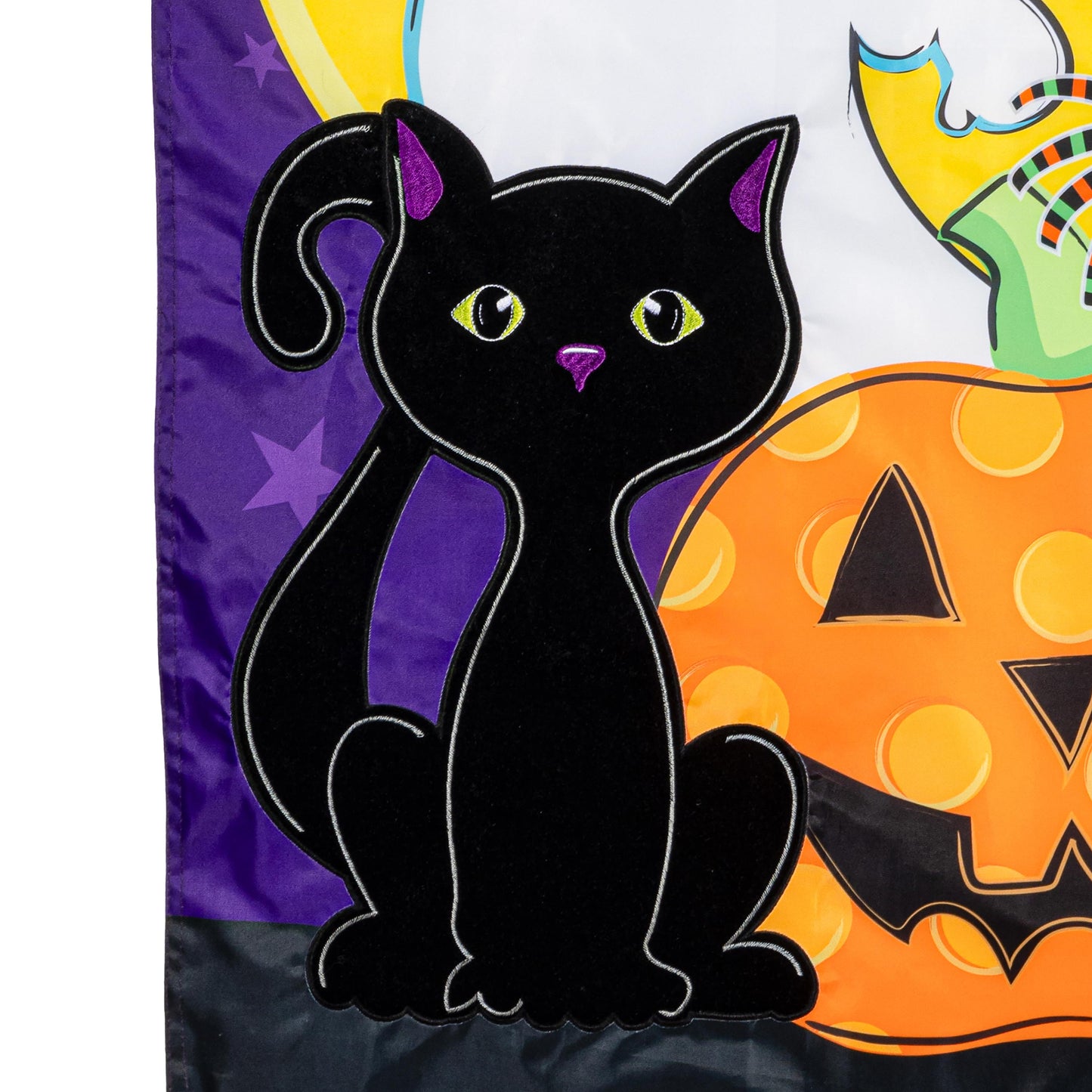 Halloween Friends Applique House Flag with black cat on purple background and pumpkins on Tampa Home & Garden Store