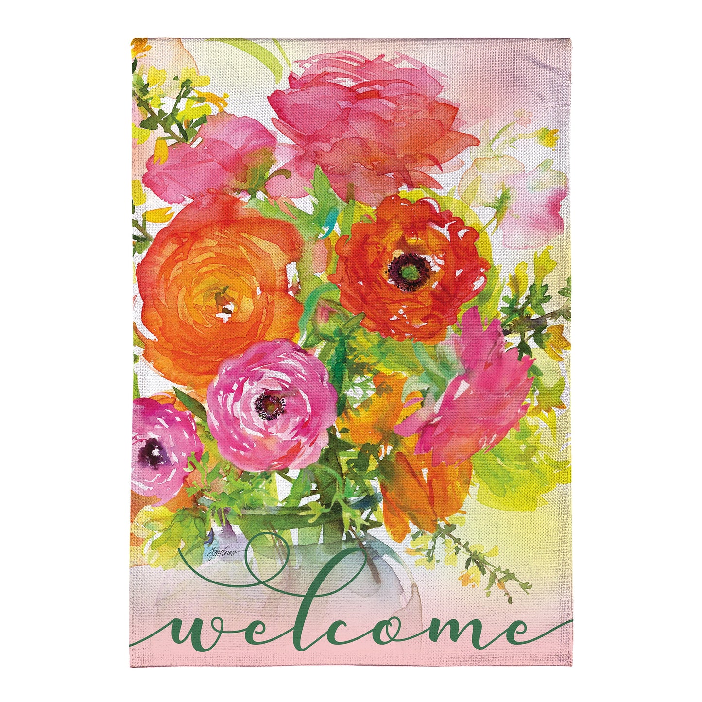 Ronunculus Welcome Burlap Garden Flag bright pink orange floral bouquet on Tampa Home & Garden Store