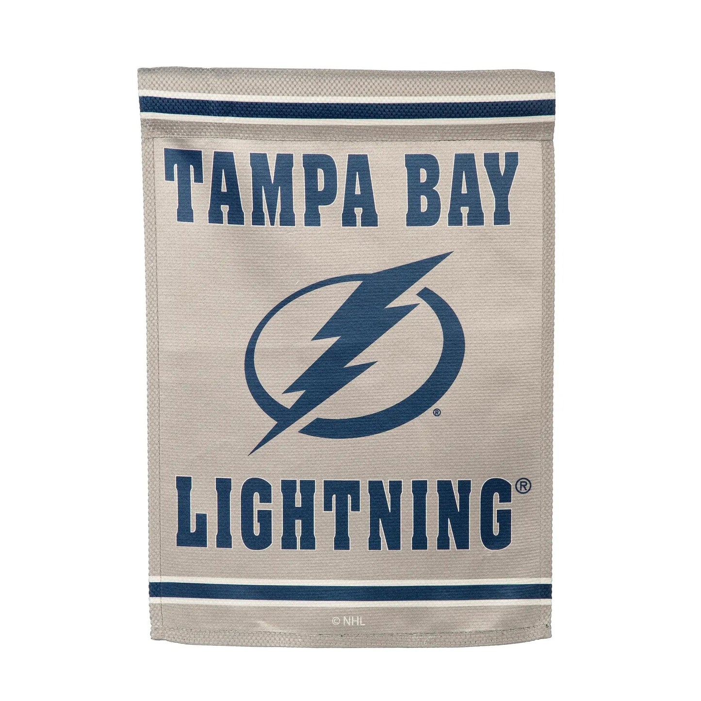 Suede flag Tampa Bay Lightning GDN size with embossed blue TAMPA BAY lettering and logo on Tampa Home & Garden Store