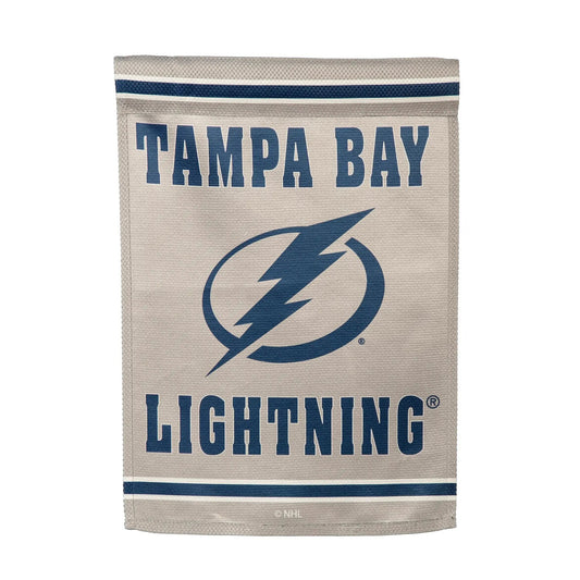 Suede flag Tampa Bay Lightning GDN size with embossed blue TAMPA BAY lettering and logo on Tampa Home & Garden Store