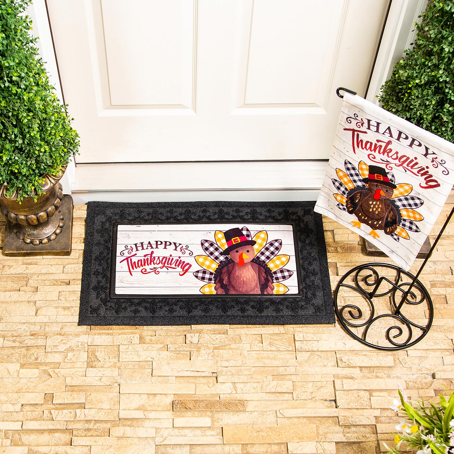 Pilgrim Turkey Burlap Flag with Happy Thanksgiving design, cream burlap on Tampa Home & Garden Store