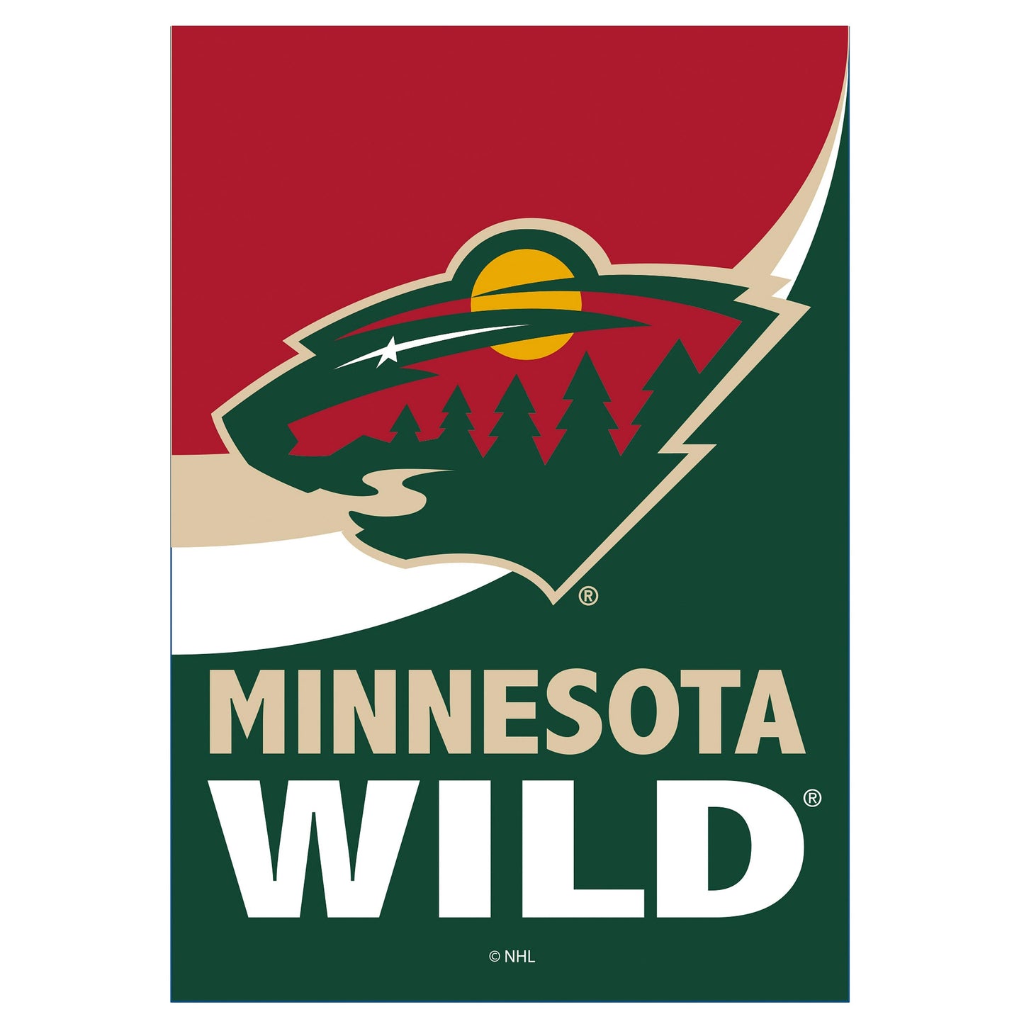 Minnesota Wild burlap flag house size with red field and green logo Evergreen Enterprises on Tampa Home & Garden Store