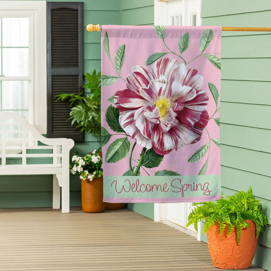 Radiant Pink Flower Suede House Flag pink background with large bloom and green leaves on Tampa Home & Garden Store