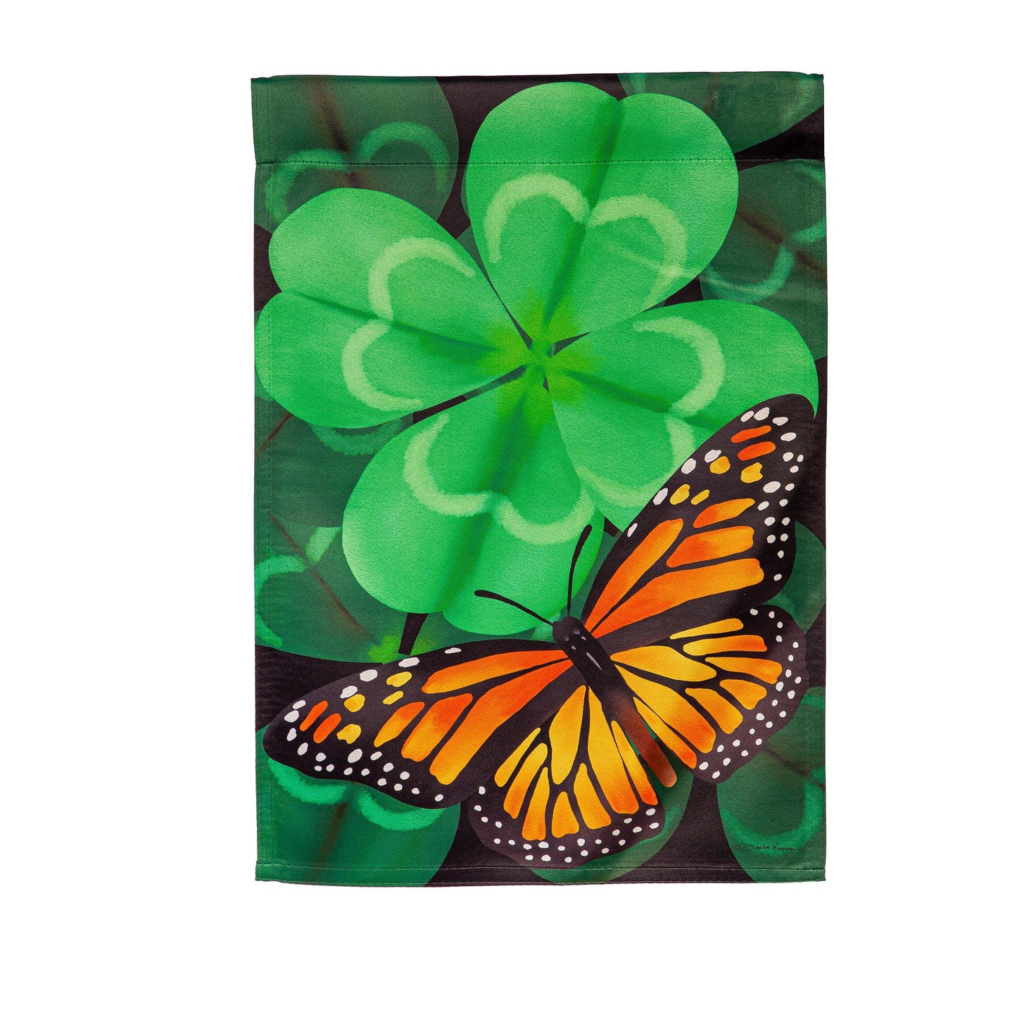 Butterfly Clover Suede Garden Flag green clover with orange butterfly on dark by Evergreen on Tampa Home & Garden Store