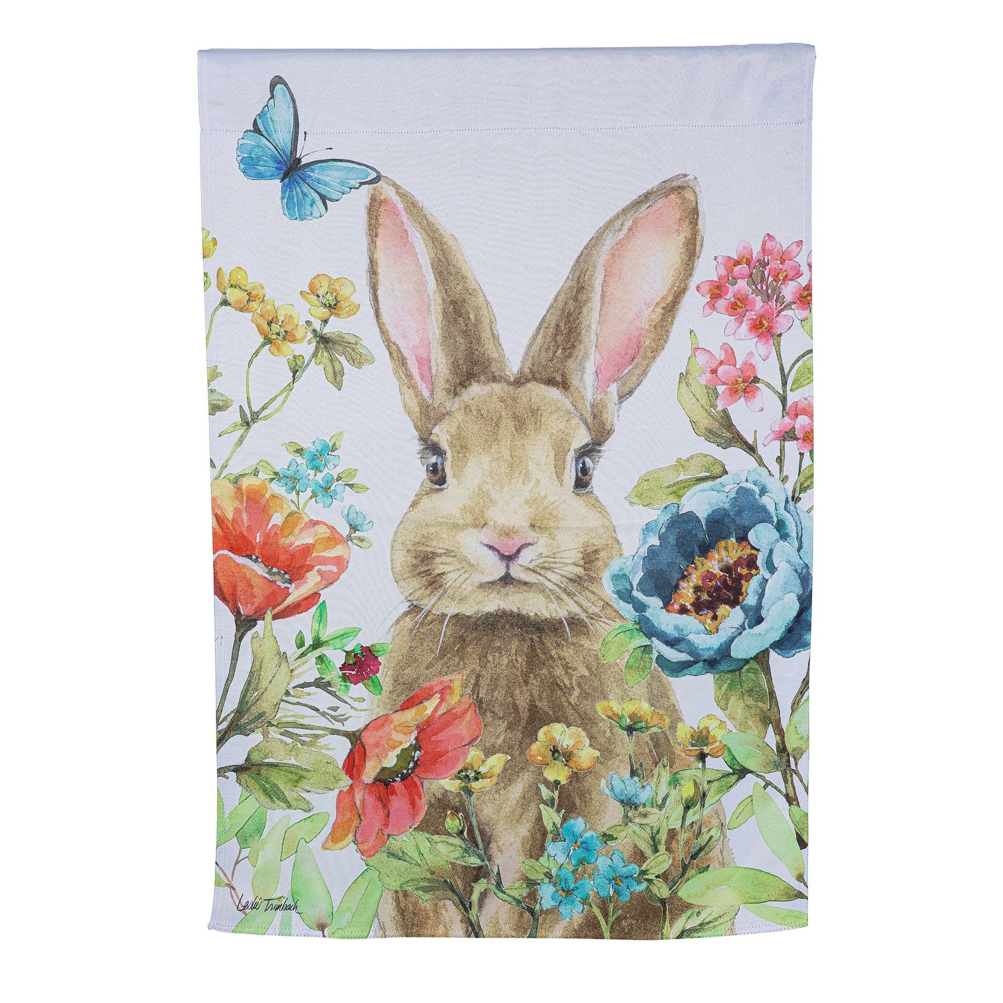 Garden Bunnies Suede House Flag lavender backdrop with bunny ears flowers and blue butterfly on Tampa Home & Garden Store