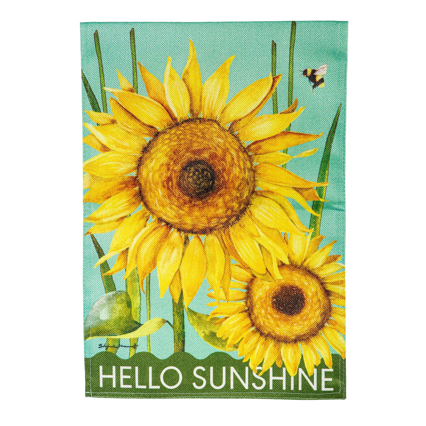 Hello Sunshine Burlap Garden Flag featuring a bright sunflower on turquoise fabric on Tampa Home & Garden Store