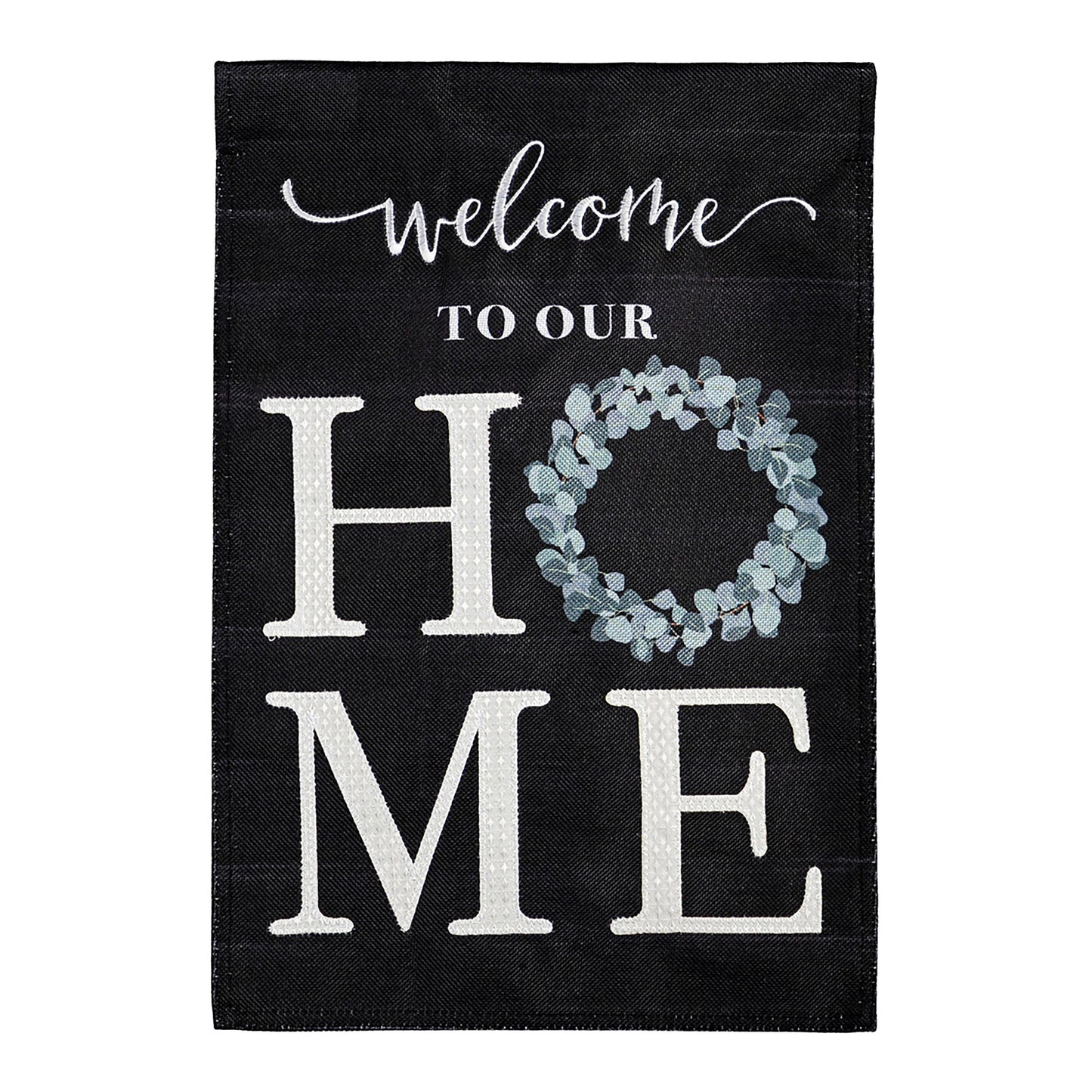 Eucalyptus Welcome Garden Burlap Flag burlap with white script Welcome and eucalyptus wreath on Tampa Home & Garden Store