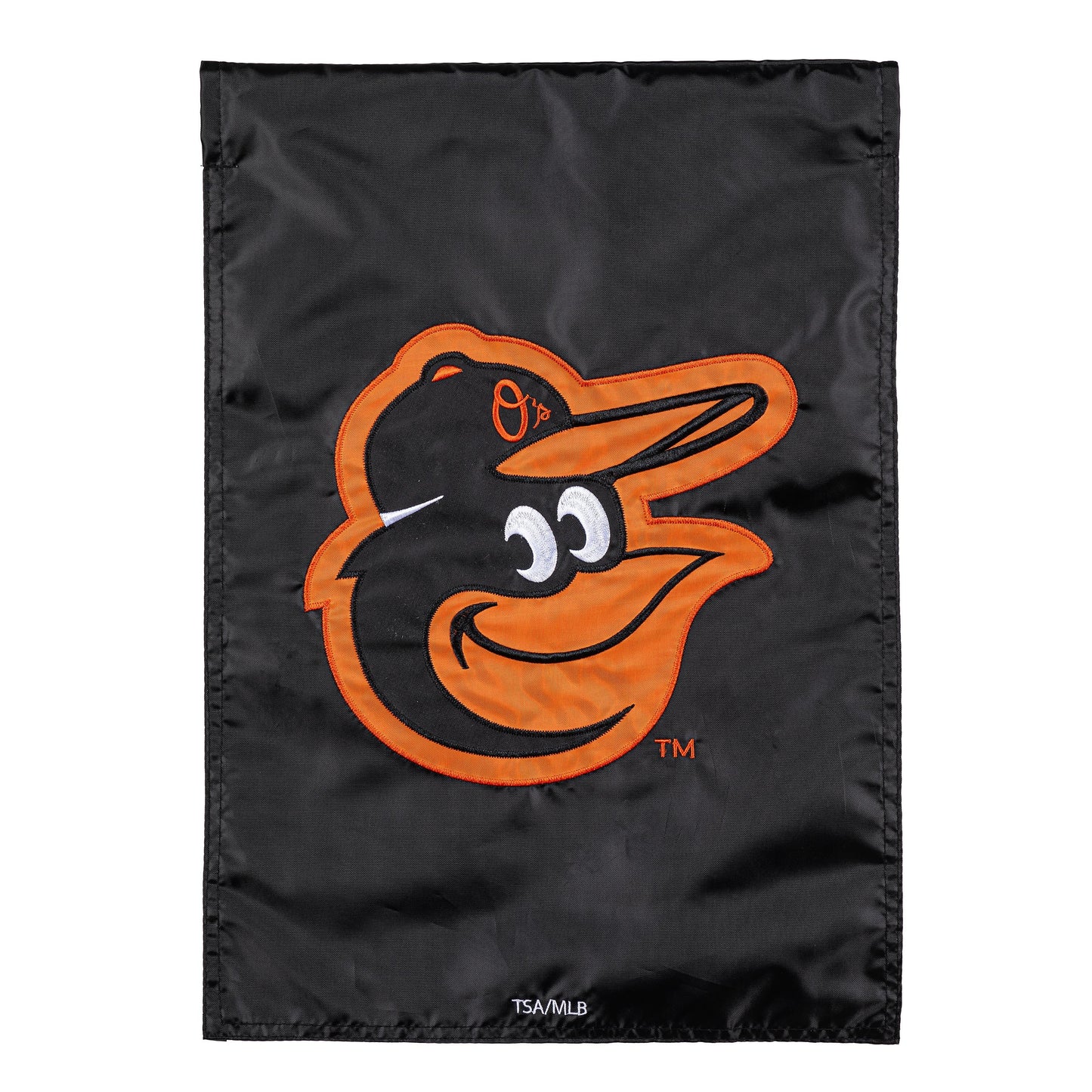 Baltimore Orioles applique flag on black fabric with bird emblem, TSA/MLB branding visible on Tampa Home & Garden Store