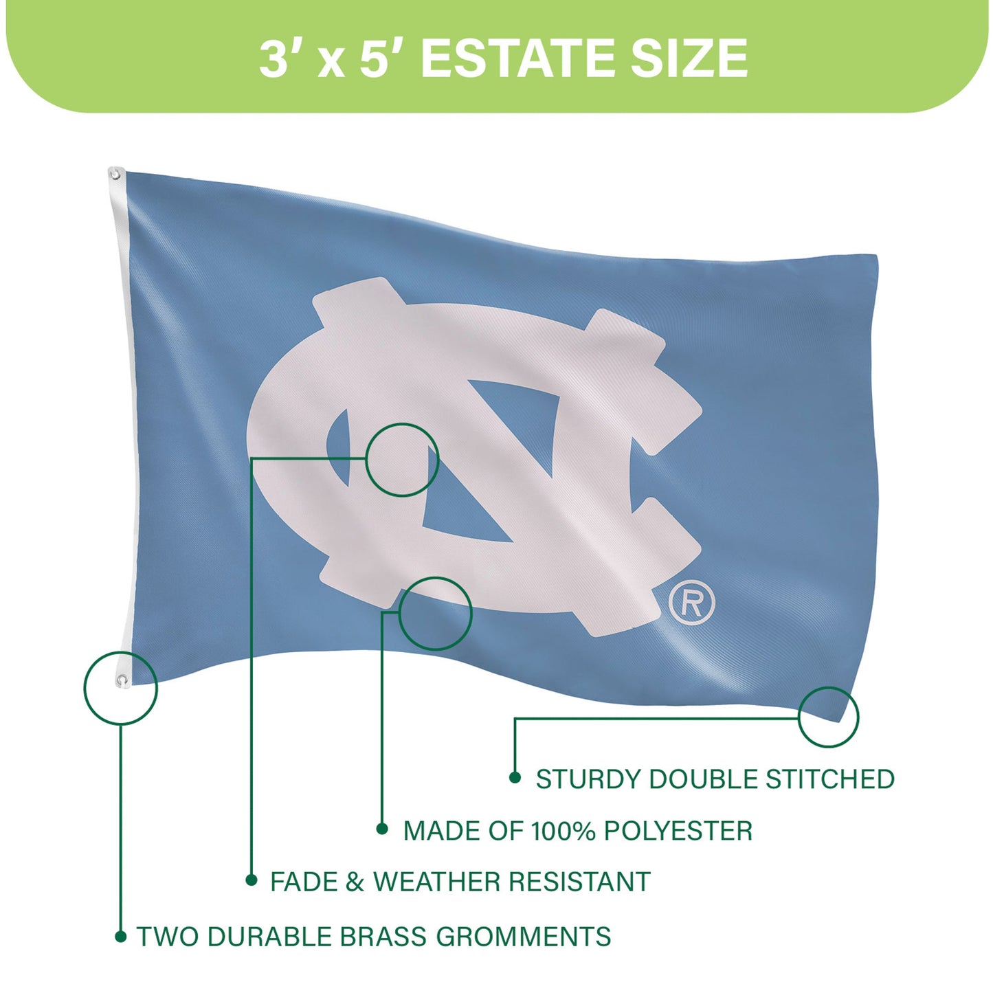 University of North Carolina single-sided flag 3x5 blue sublimated flag with white logo Evergreen Enterprises on Tampa Home & Garden Store