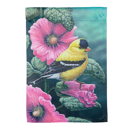 Goldfinch on Hollyhocks Suede Garden Flag pink hollyhocks and yellow goldfinch on Tampa Home & Garden Store