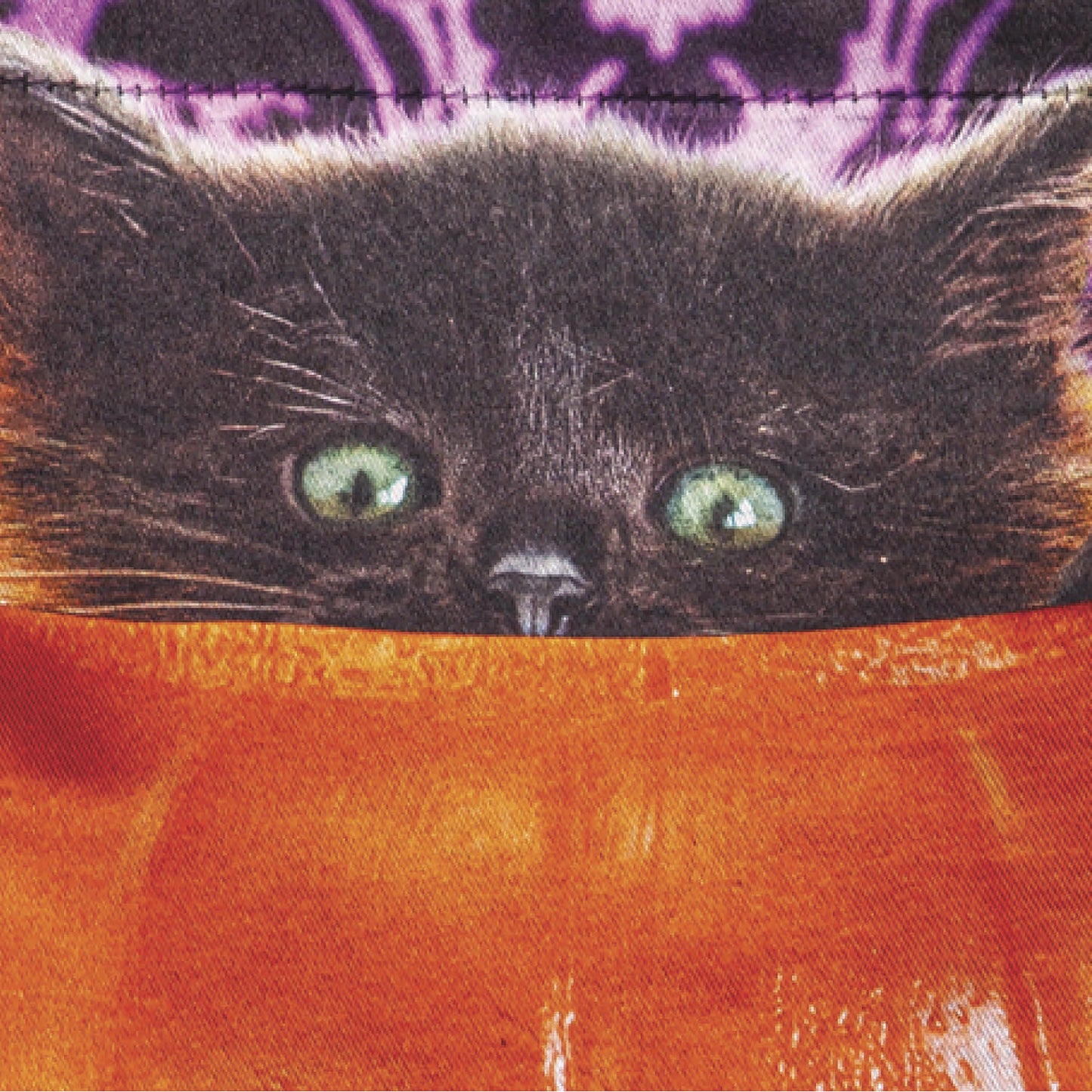 Kitten Jack O'Lantern Pumpkin Bucket Lustre Garden Flag with green eyes purple backdrop on Tampa Home & Garden Store