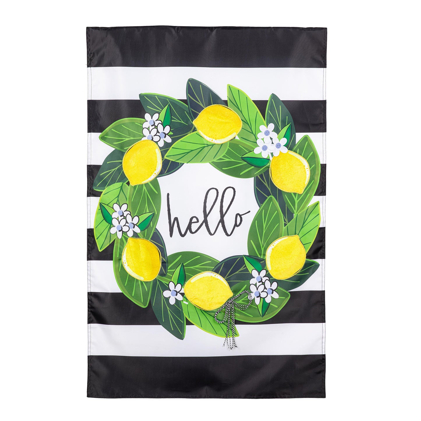 Magnolia Leaves and Lemon Applique House Flag with lemon motif on black and white stripes on Tampa Home & Garden Store