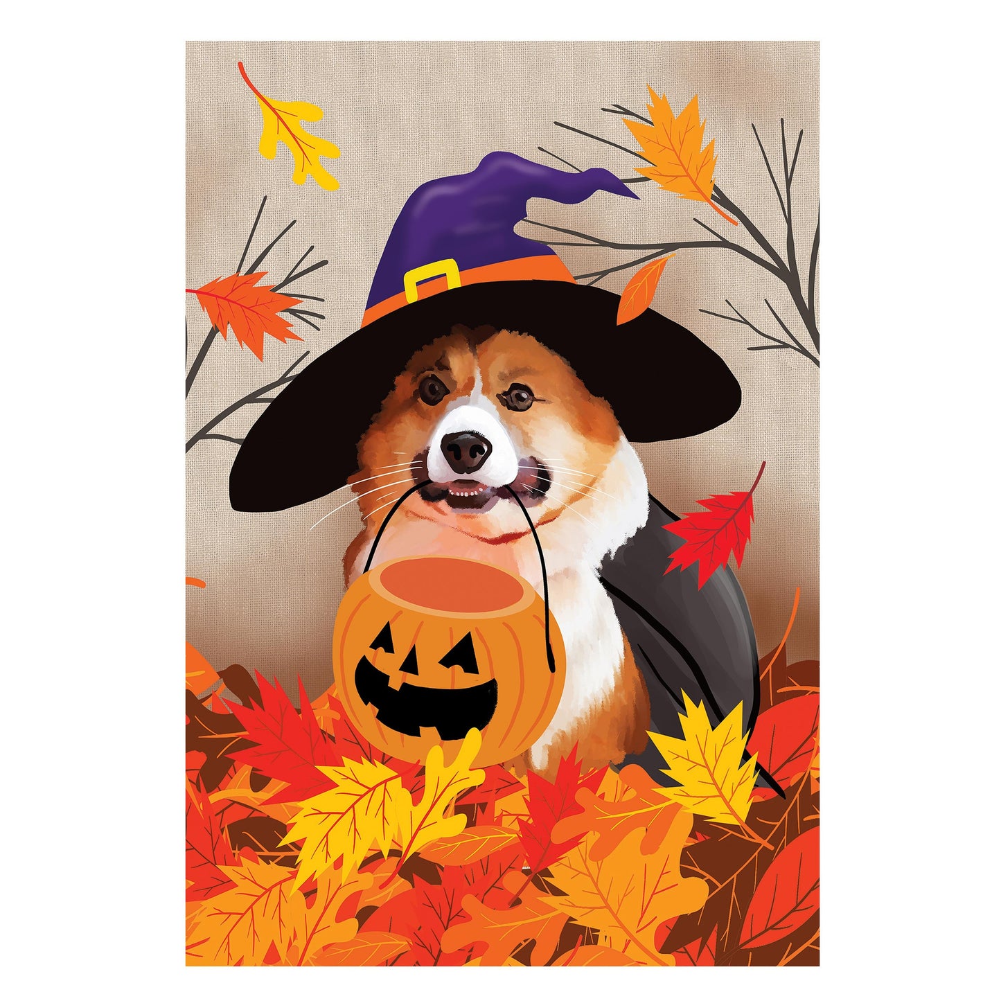 Corgi Fall Suede House Flag with a purple witch hat and orange pumpkins on burlap on Tampa Home & Garden Store