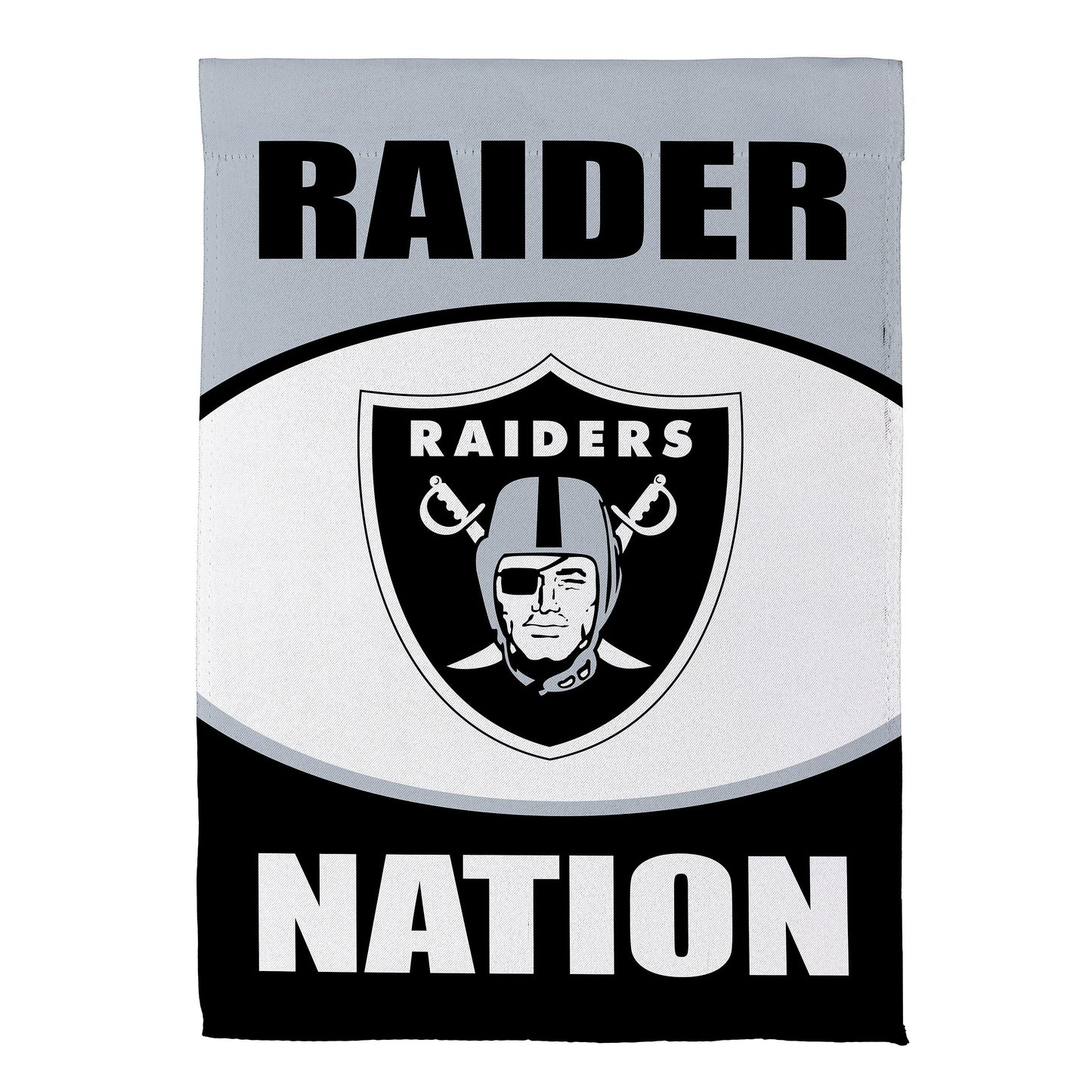 Las Vegas Raiders suede flag on light gray fabric with bold RAIDERS NATION shield emblem on Tampa Home & Garden Store