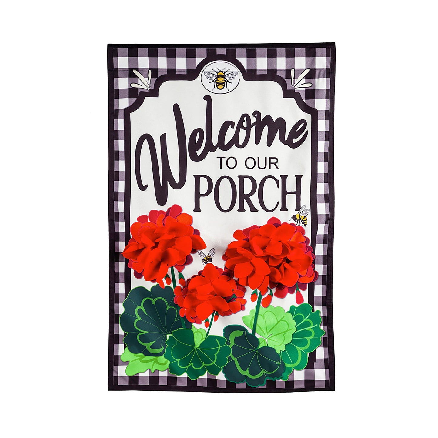 Porch linen flag Welcome to Our Porch with red geraniums and purple gingham border on Tampa Home & Garden Store