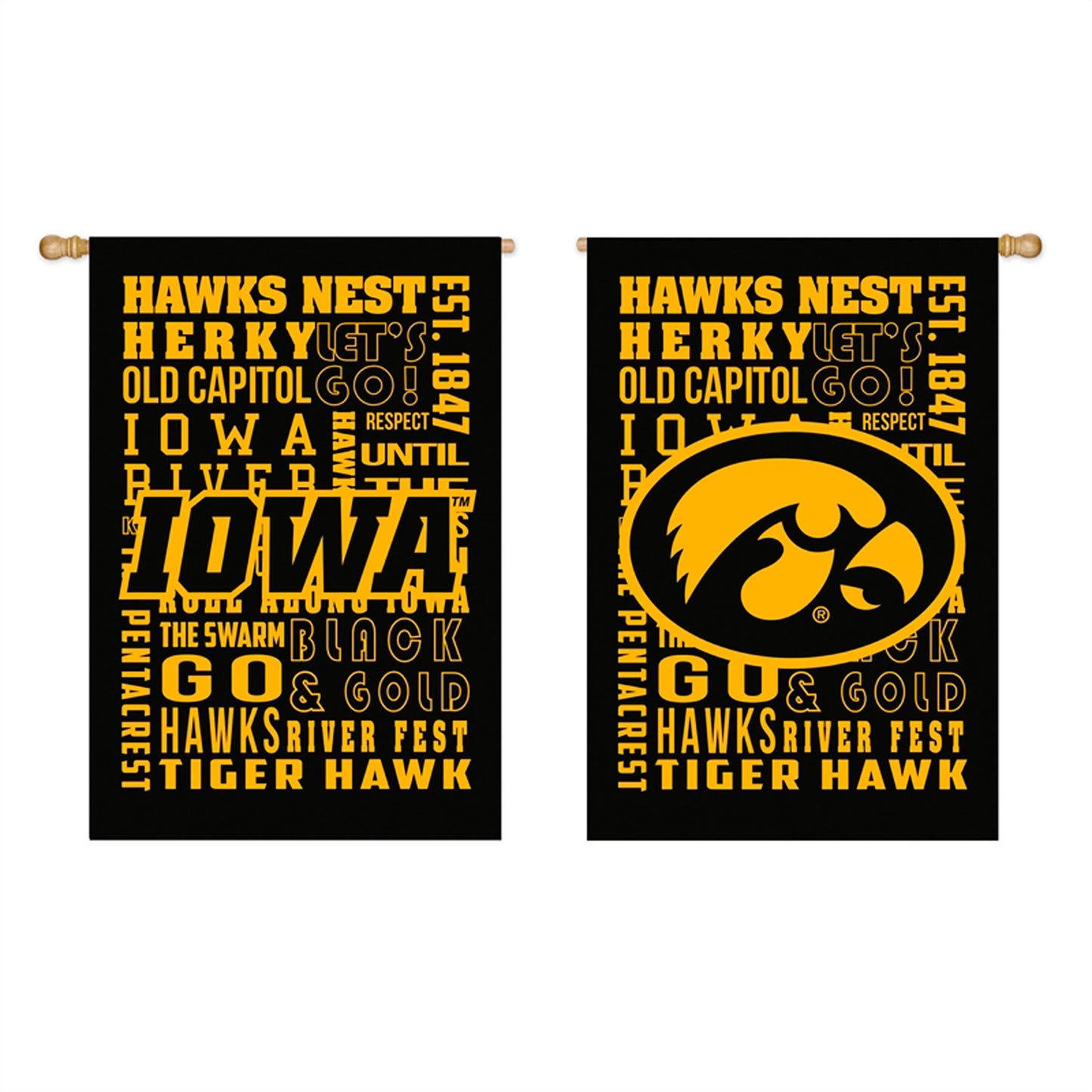 Two black sublimated flags with gold Iowa Hawkeyes text and hawk logo on wooden poles on Tampa Home & Garden Store