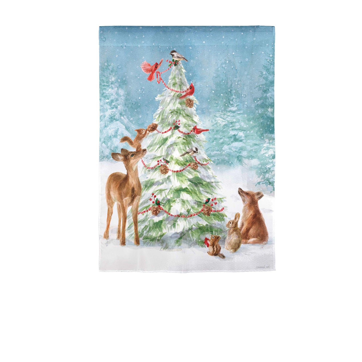 Moire Garden Flag Christmas Tree and Friends with pine and animals in a snowy blue scene on Tampa Home & Garden Store