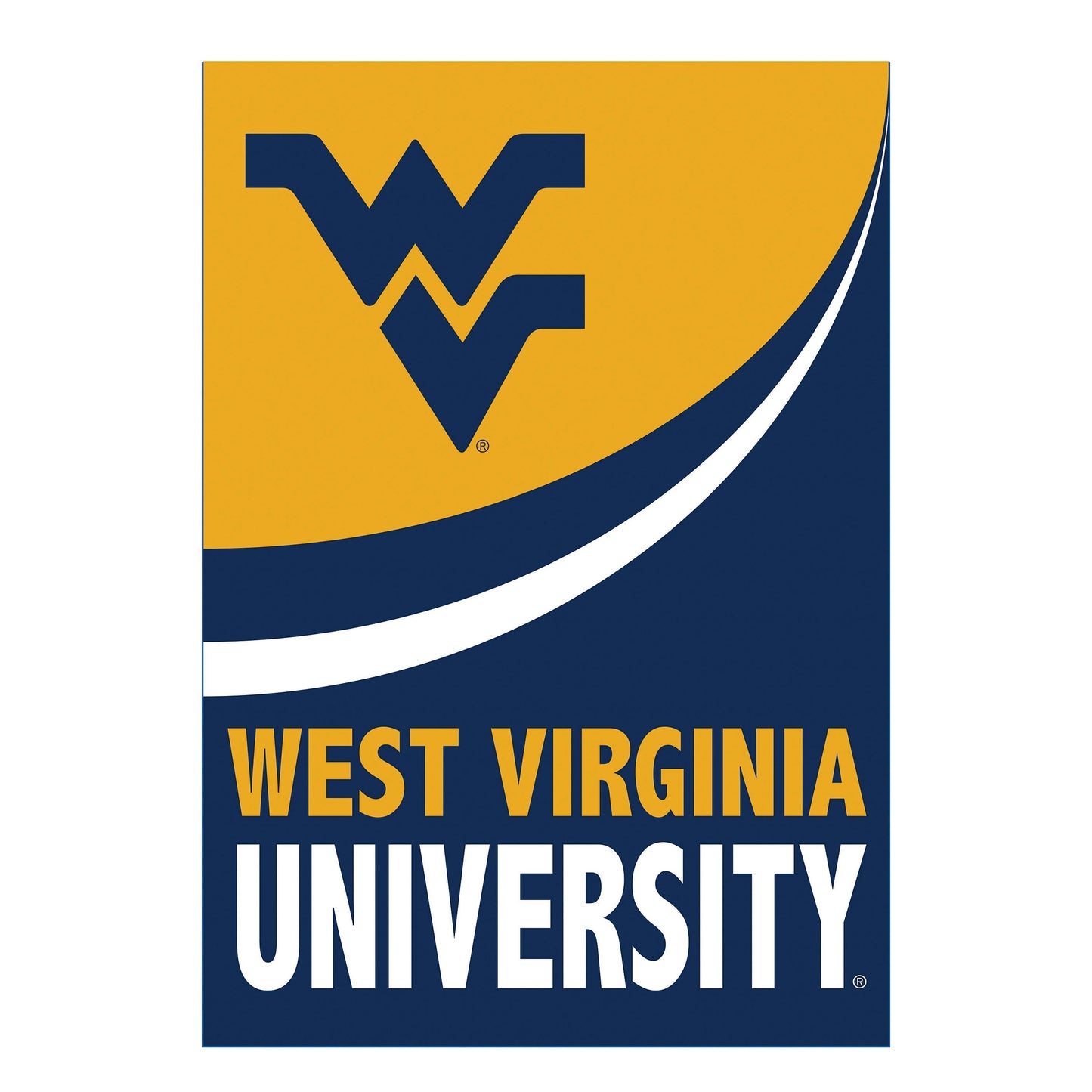 Burlap flag West Virginia University logo in navy on gold, house size by Evergreen Enterprises on Tampa Home & Garden Store