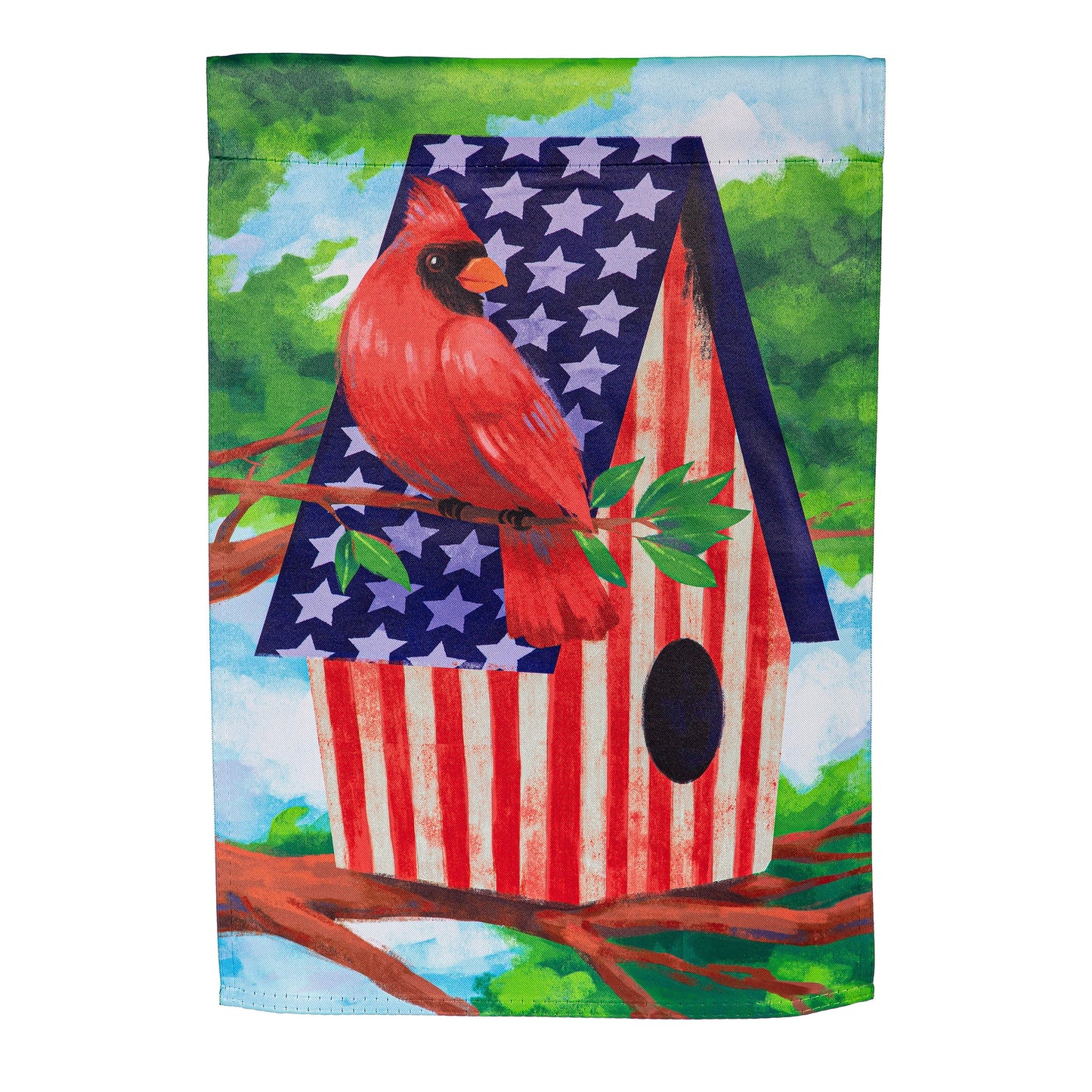 Patriotic Cardinal Birdhouse Suede Garden Flag featuring starry American flag design on Tampa Home & Garden Store