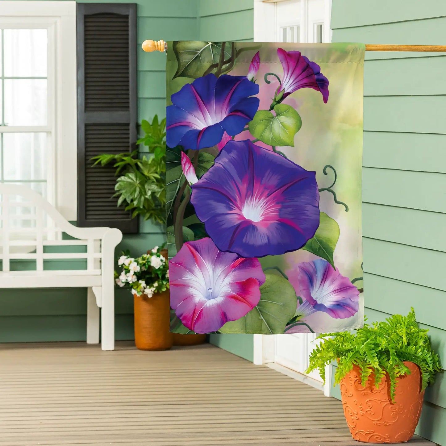 Vivid Morning Glories Suede House Flag bold purple blooms on green siding on Tampa Home & Garden Store