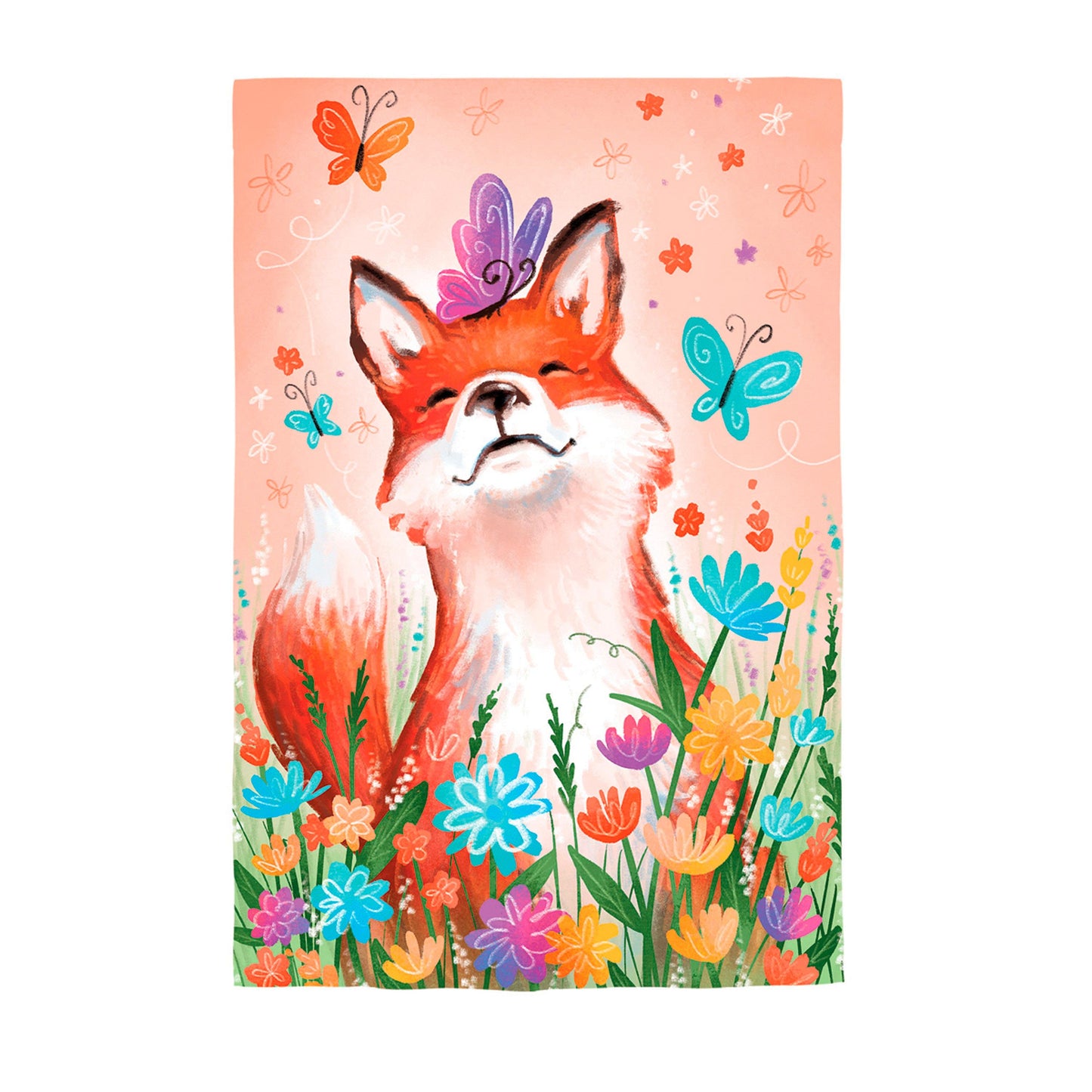 Fox and Wildflowers Applique Garden Flag pink with orange fox and butterflies among flowers on Tampa Home & Garden Store