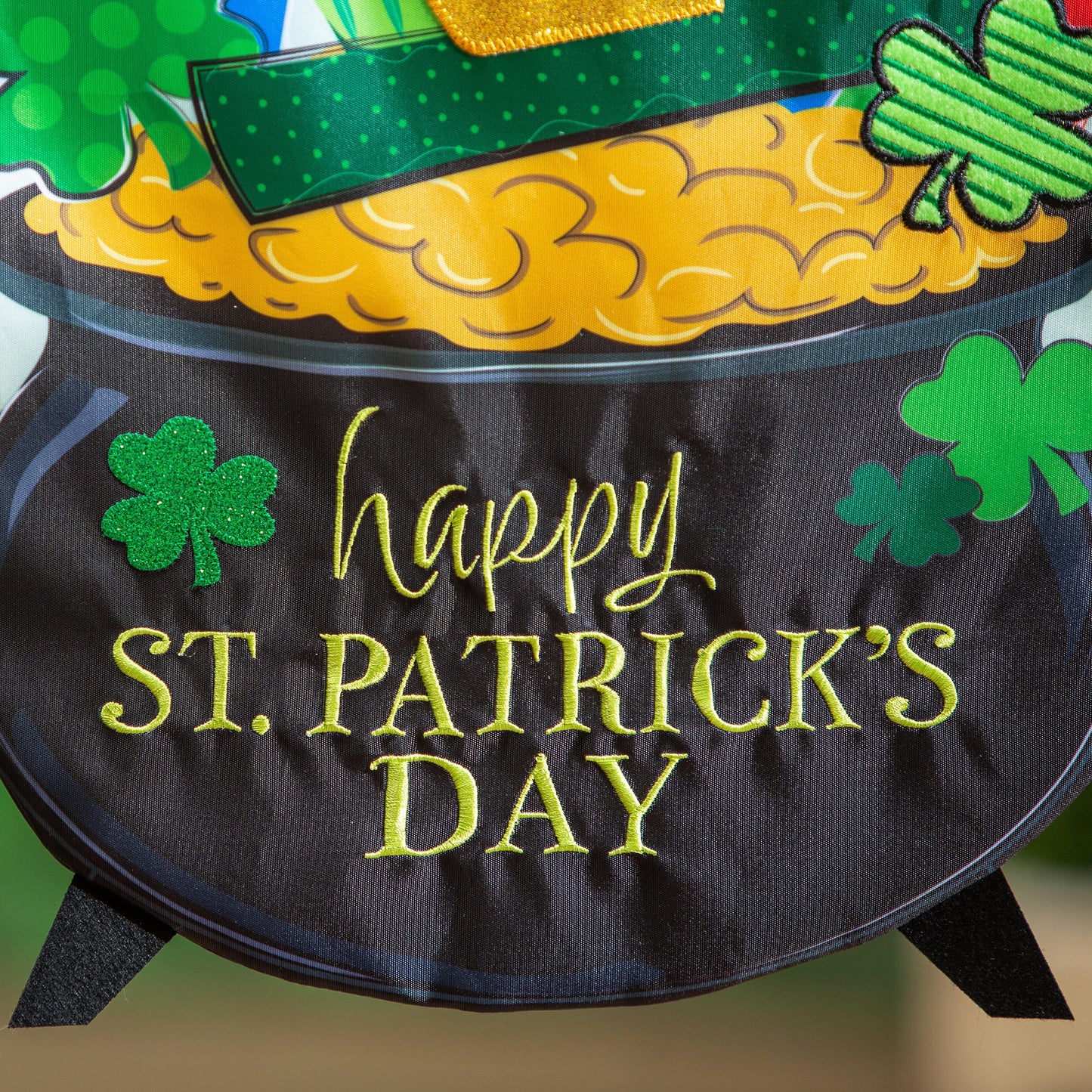 End of the Rainbow Applique Garden Flag with glitter shamrocks and gold embroidery on Tampa Home & Garden Store